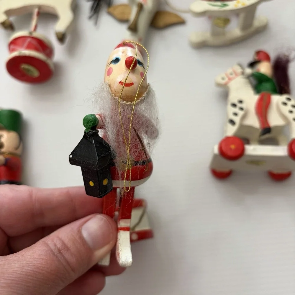 Vintage 70s 80s Wooden Christmas Tree Ornaments Lot Of 8 Folk Art Angel Santa